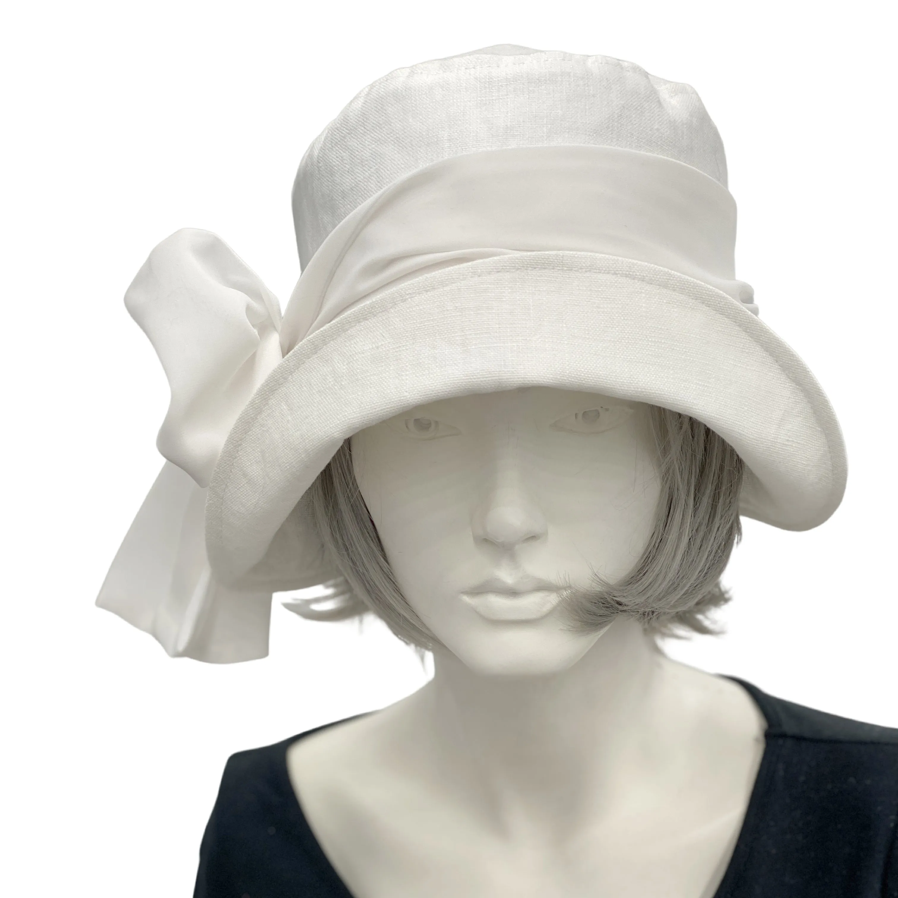 1920s Cloche Hat in Antique White Linen with Scarf | The Eleanor