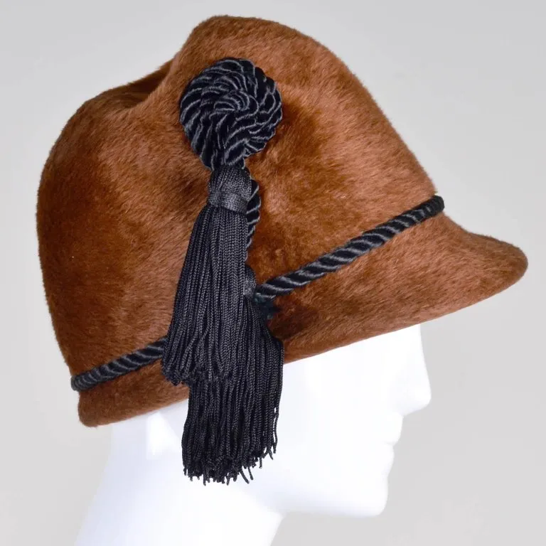 1970s Yves Saint Laurent YSL Vintage Faux Fur Cloche Hat w/ Tassels