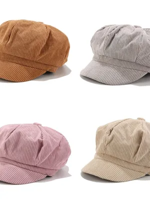 1PCS Solid Color Women Beret Spring Autumn Newsboy Hat Vintage Corduroy Elasticity Peaked Cap Painter Hat for Women