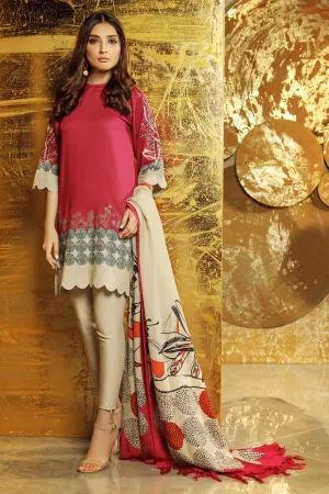 AlKaram Winter Collection 2019 – 3 Piece Embroidered Twill Viscose Suit with Printed Shawl – FW-15-19-Dark Pink