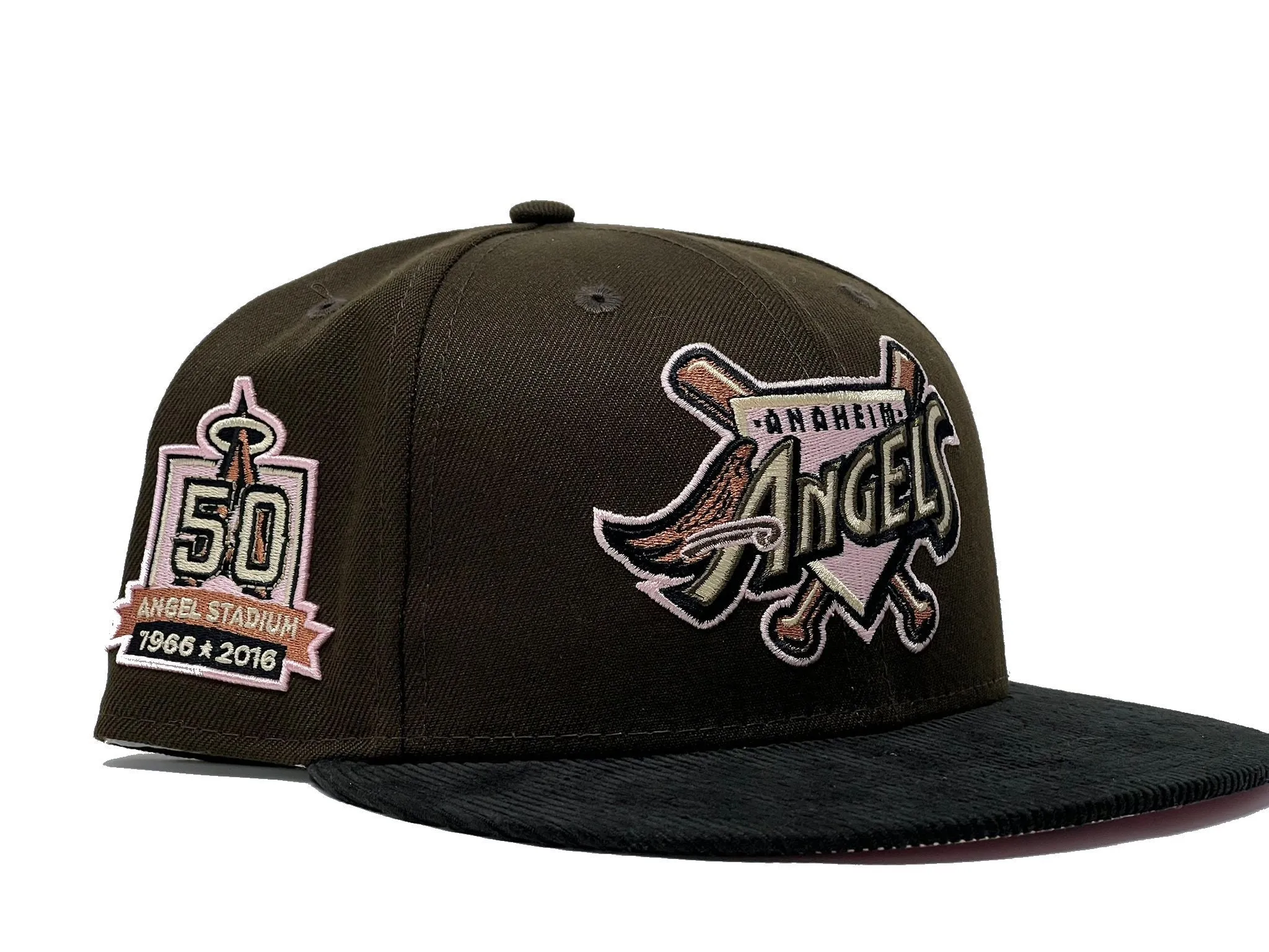 ANAHIEM ANGELS 50TH ANNIVERSARY BROWN BLACK CORDUROY VISOR PINK BRIM NEW ERA FITTED HAT
