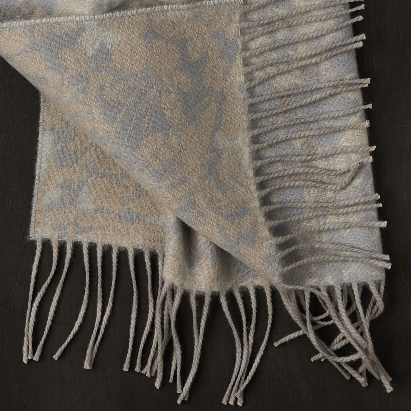 Cashmere Scarf with Floral Pattern in Beige and Grey