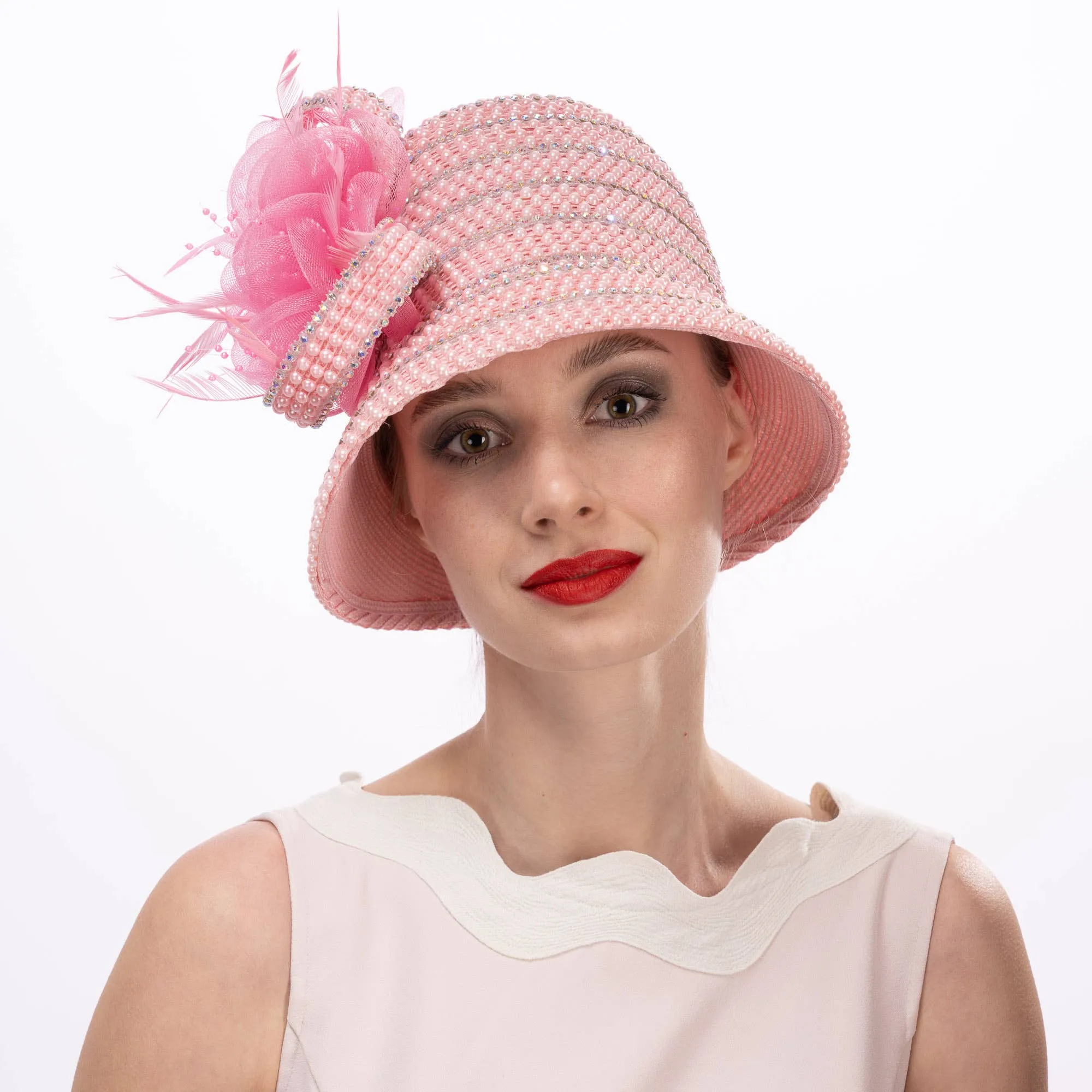Crinoline Flower And Pearl Decorated Cloche Hat: Ivory