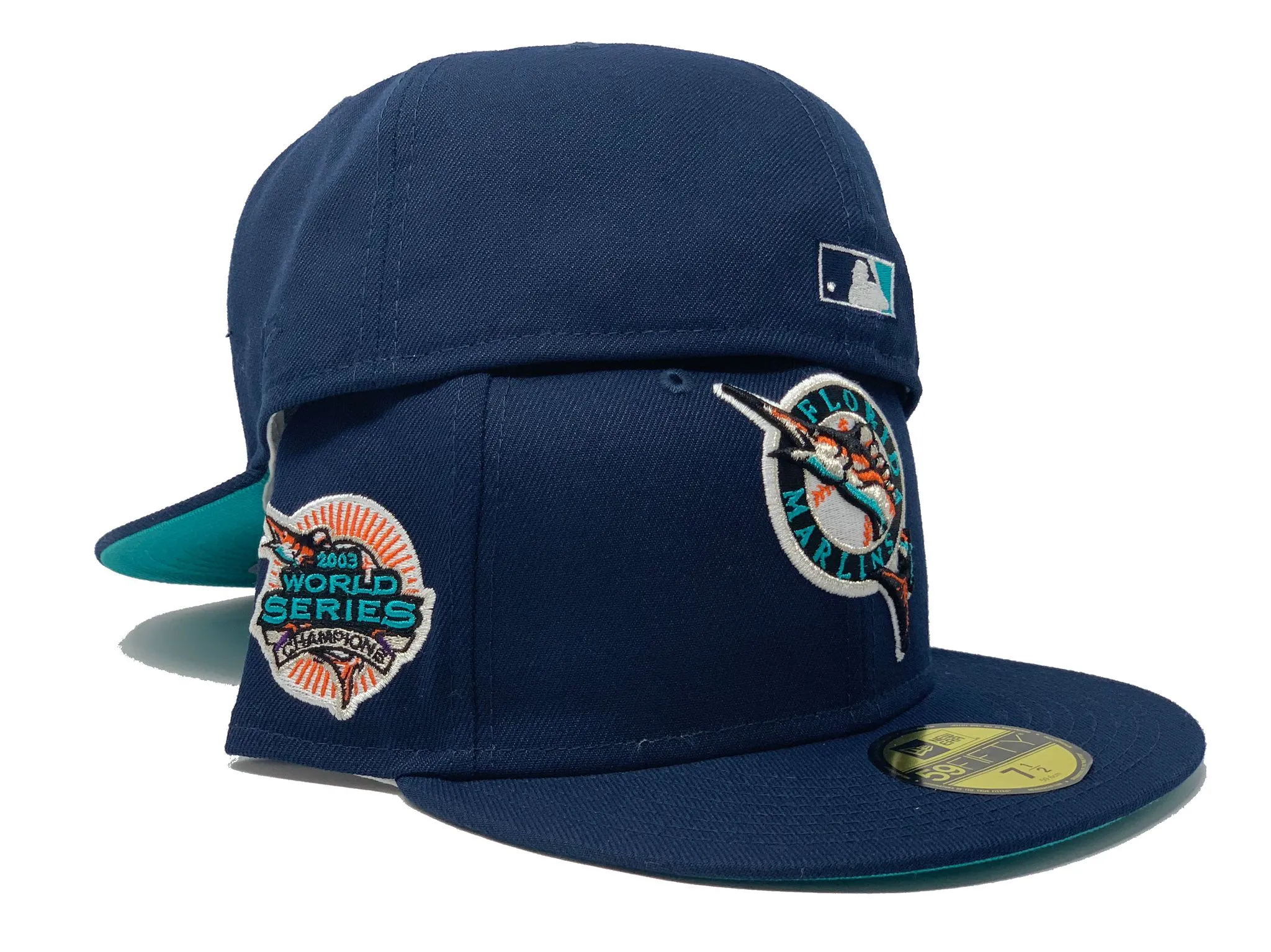 FLORIDA MARLINS 2003 WORLD SERIES CHAMPIONS LIGHT NAVY TEAL BRIM NEW ERA FITTED HAT