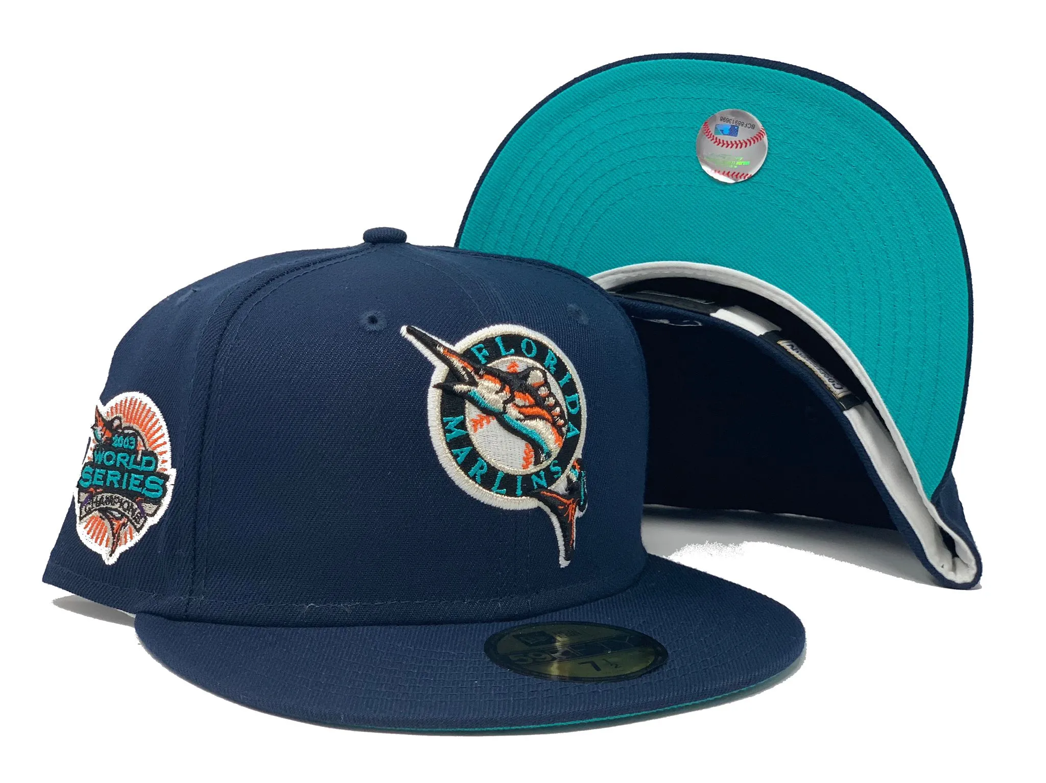 FLORIDA MARLINS 2003 WORLD SERIES CHAMPIONS LIGHT NAVY TEAL BRIM NEW ERA FITTED HAT