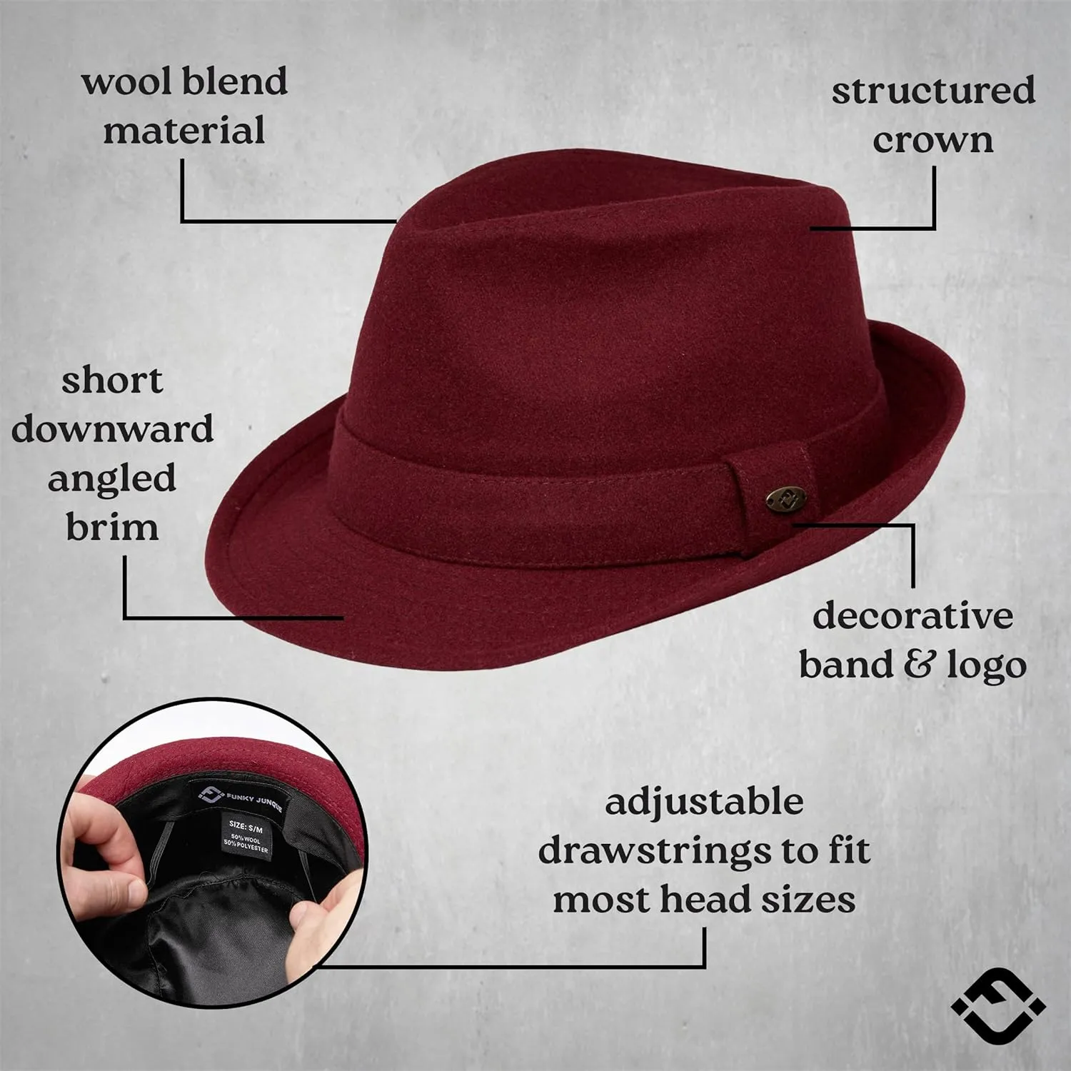 Funky Junque Premium Wool Fedora Hat - Classic Short Brim Structured Trilby