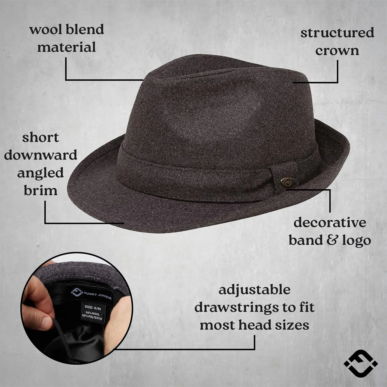 Funky Junque Premium Wool Fedora Hat - Classic Short Brim Structured Trilby