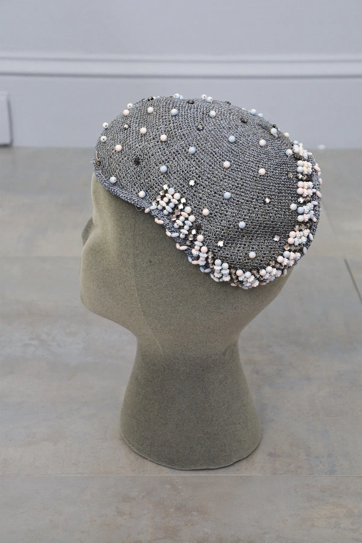 Grey woven and beaded vintage hat fascinator