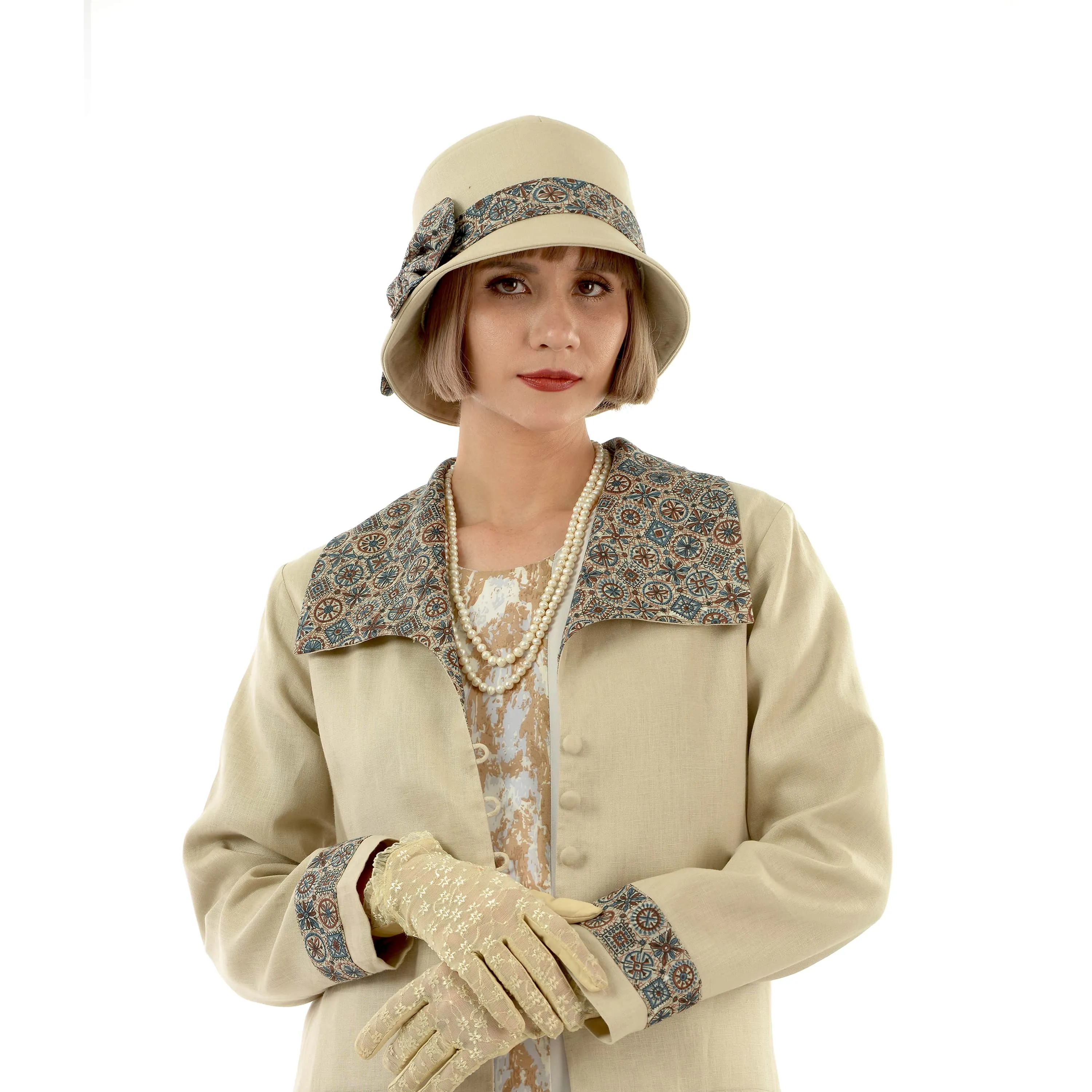 Light brown linen cloche hat with vintage printed band and bow