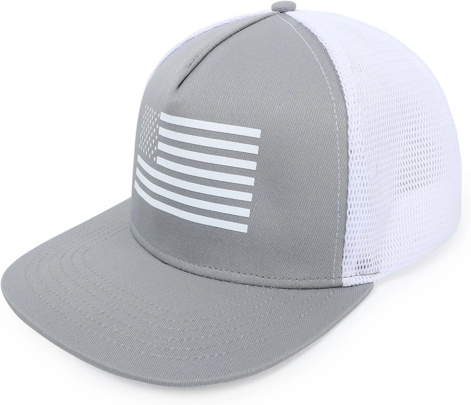 Men's Oversize XXL American Flag Flat Brim Cap - 3D Embossed Logo Mesh Snapback Hat - Adjustable Flat Bill Hats