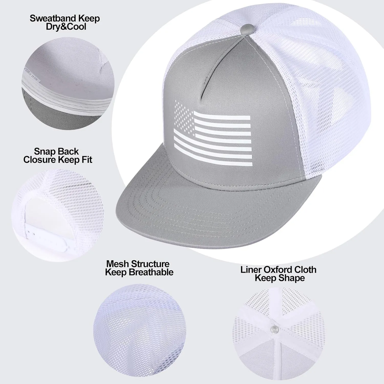 Men's Oversize XXL American Flag Flat Brim Cap - 3D Embossed Logo Mesh Snapback Hat - Adjustable Flat Bill Hats