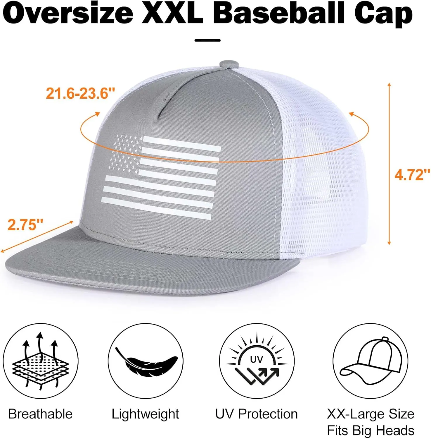 Men's Oversize XXL American Flag Flat Brim Cap - 3D Embossed Logo Mesh Snapback Hat - Adjustable Flat Bill Hats
