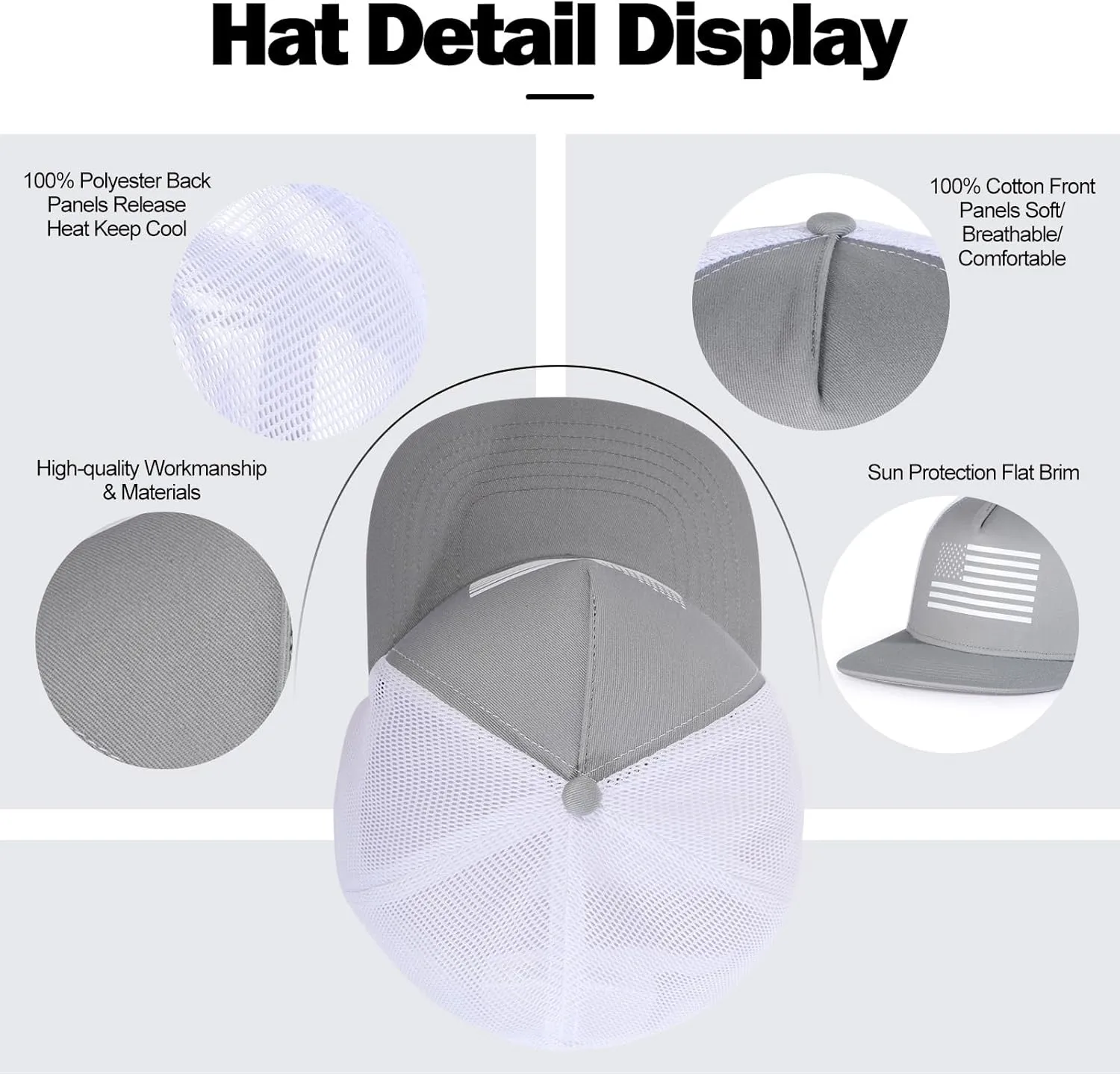 Men's Oversize XXL American Flag Flat Brim Cap - 3D Embossed Logo Mesh Snapback Hat - Adjustable Flat Bill Hats