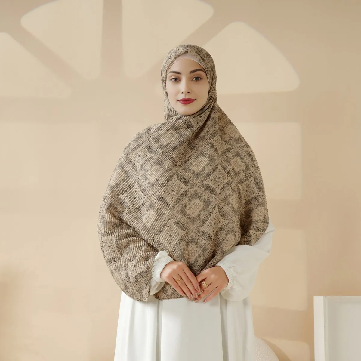 MH094 Printed Pleated Cotton and Linen Blend Shawl