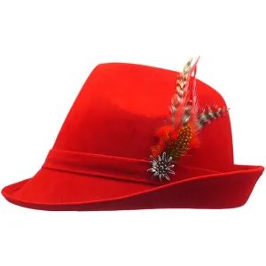 "German Hunter" Red Hat Fedora And Edelweiss & Feather Hat Pin