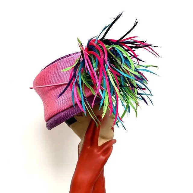 Vintage Philip Treacy purple and pink cloche hat with feather detailing