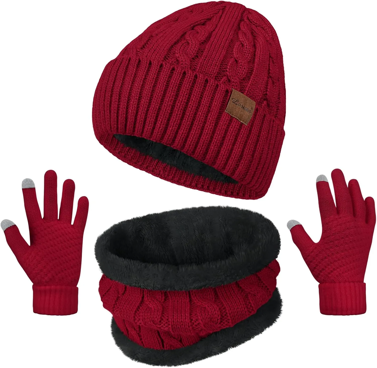 Womens Beanie Hat Scarf Touch Screen Gloves Set for Women Warm Knit Fleece Lined Skull Caps Neck Warmer Gifts