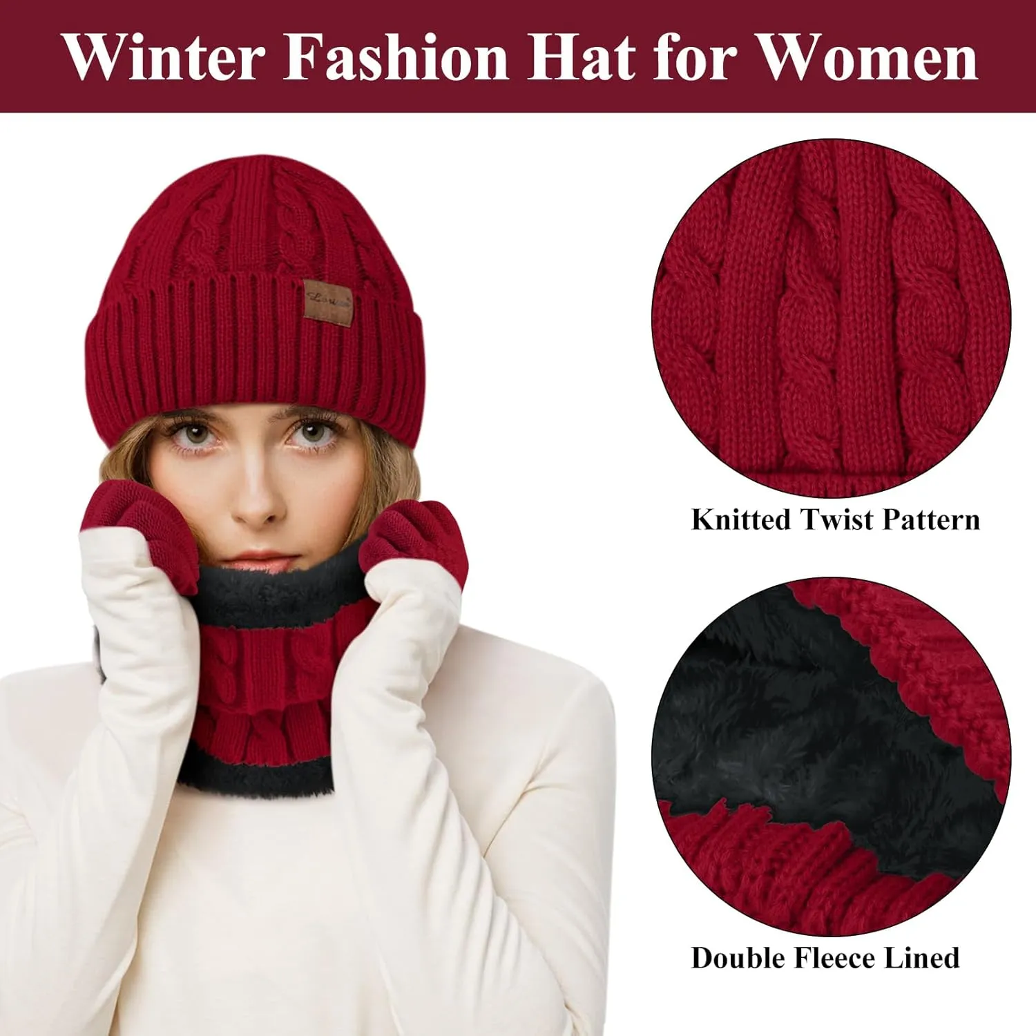 Womens Beanie Hat Scarf Touch Screen Gloves Set for Women Warm Knit Fleece Lined Skull Caps Neck Warmer Gifts