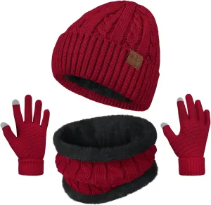 Womens Beanie Hat Scarf Touch Screen Gloves Set for Women Warm Knit Fleece Lined Skull Caps Neck Warmer Gifts
